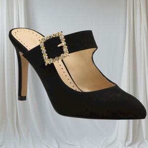 Adrienne Vittadini Noele Embellished Buckle Satin Heels Black - New